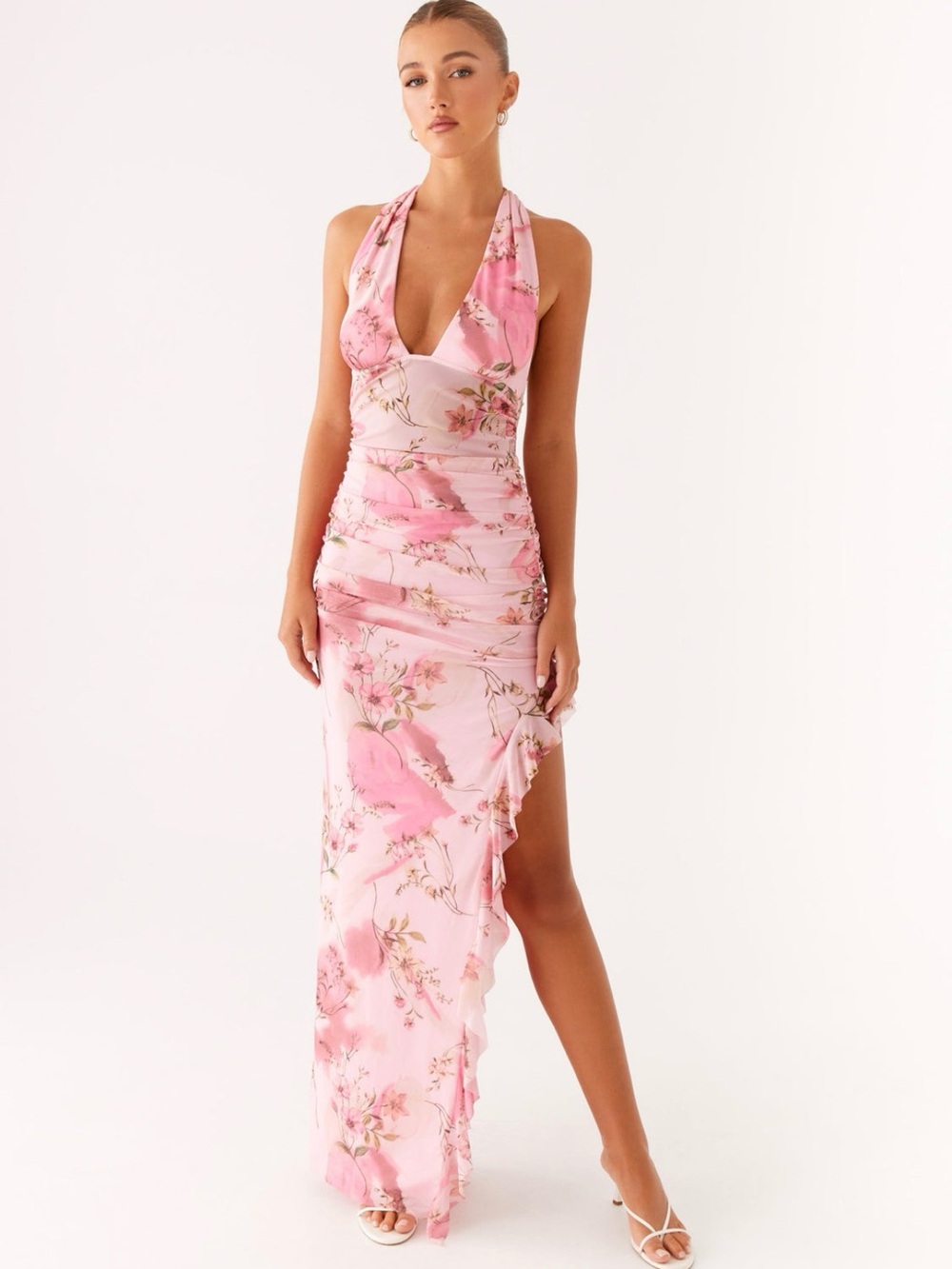 Peppermayo Pink Floral Halter Ruching Maxi Dress with Side Slit